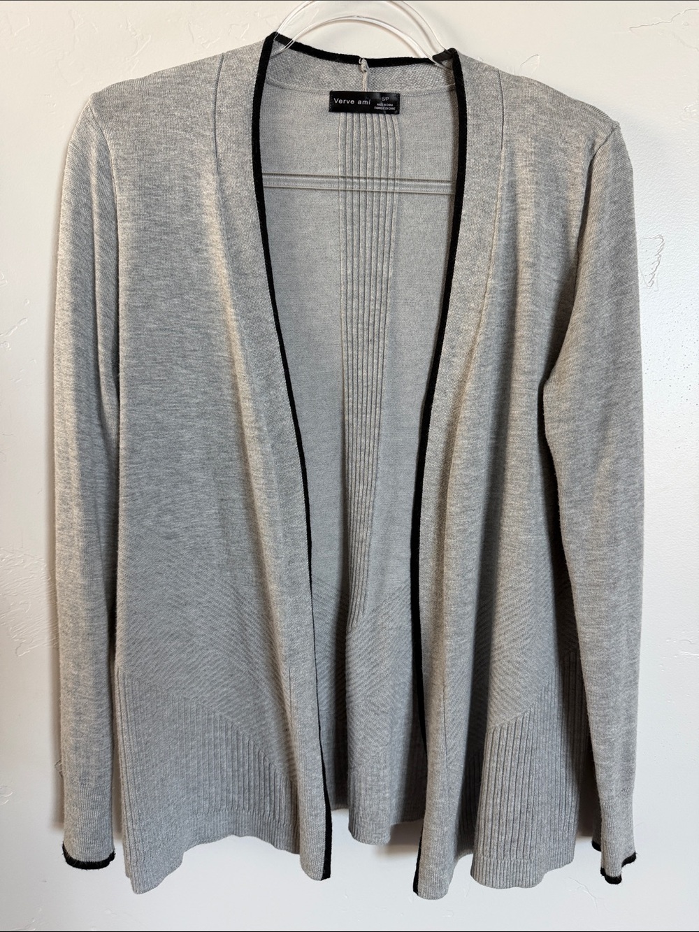 Verve Ami Light Gray Open-Front Cardigan with Black Trim